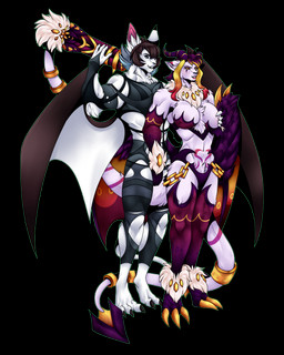 2_tails 3_toes accessory aiming_at_another amber_eyes anthro armwear bat_wings black_hair bra bridal_gauntlets chain clothing digitigrade duo elbow_gloves feet female furgonomics gatling_gun gem gloves gold_(metal) gold_chain gun hair handwear horn jewelry leg_warmers legwear machine_gun male markings membrane_(anatomy) membranous_wings minigun multi_tail neck_tuft pointy_ears purple_body purple_hair purple_markings ranged_weapon ring spade_tail tail tail_accessory tail_gun tail_jewelry tail_ring toes torn_clothing tuft underwear weapon weapon_tail white_body wings wirwik dragonborn_velatis velatis_ferio_caedo verin_the_bat bat mammal unknown_species 4:5 alpha_channel hi_res