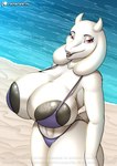 anthro areola areola_slip beach big_breasts big_nipples bikini breasts clothing dark_nipples female huge_breasts lips nipples sea solo swimwear thick_bottom_lip tight_clothing two-piece_swimsuit water palmarianfire undertale_(series) toriel bovid caprine goat mammal hi_res