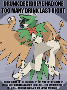 3_fingers anthro arrow_(weapon) beak bodily_fluids clothing drunk eyes_closed feet fingers hoodie lying on_ground open_mouth ranged_weapon saliva shitpost solo substance_intoxication talons text toes topwear unconscious weapon white_body rozalid arrow_to_the_knee nintendo pokemon decidueye generation_7_pokemon pokemon_(species) absurd_res english_text hi_res meme