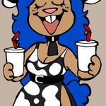 accessory anthro beverage blue_hair breasts buckteeth cleavage clothed clothing cow_costume dress female food hair long_hair medium_breasts milkshake open_mouth pattern_clothing pattern_dress snack solo spots spotted_clothing spotted_dress teeth creator_ant diana_darling_(creator_ant) 1:1 hi_res