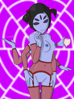 5_eyes 5_fingers 6_arms 6_hands anthro black_hair blue_body blue_nipples blue_skin blue_vulva breasts choker clothing container cup female fingers flirting genitals hair hands_on_legs jewelry lingerie multi_arm multi_eye multi_hand multi_limb necklace nipples pigtails red_clothing red_lingerie small_breasts solo tea_cup vulva crytonic undertale undertale_(series) muffet arachnid arthropod spider hi_res