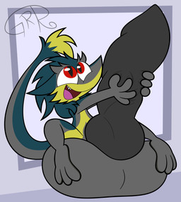 animal_genitalia anthro balls big_balls big_penis both_hands_on_penis erection fangs fur genitals green_body green_fur grey_body grey_fur happy huge_balls huge_penis hyper hyper_balls hyper_genitalia hyper_penis male masturbation paws penis red_eyes sitting_on_balls smile solo tail tail_tuft teeth toony tuft yellow_body yellow_fur conditional_dnp sr-g brom_(sahurus) sergal hi_res