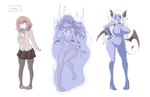 2015 after_transformation barefoot base_one_layout basic_sequence big_breasts blue_body blue_skin blush bottomwear breast_expansion breasts brown_hair clothed clothing collar collar_only collar_tag corruption curvy_figure demon expansion featureless_breasts featureless_crotch feet female footwear growth hair hand_on_hip heart_symbol hi_res horn huge_breasts human human_to_humanoid humanoid humanoid_feet humanoid_hands izumi_(artist) linear_sequence long_hair looking_at_viewer mammal membrane_(anatomy) membranous_wings navel not_furry nude one_row_layout open_mouth pale_skin plantigrade sequence shoes simple_background skirt slim smile solo spade_tail species_transformation standing surprise tail three_frame_image three_frame_sequence transformation transformation_sequence white_background white_hair wide_hips wing_growth wings
