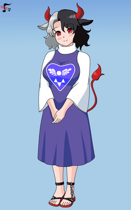black_ears black_hair blue_background breasts clothed clothed_female clothed_humanoid clothing cosplay crossover_cosplay dress female footwear grey_ears grey_hair hair head_tilt horn looking_at_viewer purple_clothing purple_dress red_clothing red_eyes red_footwear red_horn red_sandals red_tail sandals shoes simple_background smile solo tail tail_tuft tuft tremolo_measure touhou undertale_(series) toriel urumi_ushizaki animal_humanoid bovid bovid_humanoid bovine bovine_humanoid cattle_humanoid humanoid mammal mammal_humanoid 5:8 crossover hi_res signature