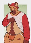 anthro beanie belly body_hair clothed clothing happy_trail hat headgear headwear jockstrap male partially_clothed purple_eyes solo spots sweater taking_off_shirt topwear underwear ajdrawsnice hyena mammal hi_res