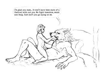 anthro bed biped duo erection furniture genitals hand_on_chin hand_on_head human_on_anthro humanoid_genitalia humanoid_penis interspecies larger_anthro larger_male lying male male/male male_human/male_anthro nipples on_back on_bed penis size_difference smaller_human smaller_male text blindman12 elden_ring fromsoftware blaidd_(elden_ring) canid canine canis human mammal wolf 2022 digital_media_(artwork) english_text monochrome