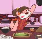 anthro breasts brown_hair clothed clothing cooking detailed_background erect_nipples eyelashes female gesture hair hair_bun kitchen looking_at_viewer nipple_outline nipples one_eye_closed pink_body smile smiling_at_viewer solo tail waving waving_at_viewer wink crushpepper animal_crossing nintendo lottie_(animal_crossing) fish mammal marine mustelid otter 2022 digital_drawing_(artwork) digital_media_(artwork) hi_res