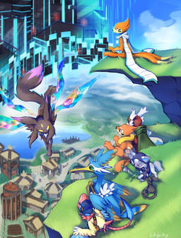 avian_feet beak blue_body facial_markings feathered_crest feathered_wings feathers feet feral green_eyes head_crest head_markings male markings mask_(marking) membrane_(anatomy) tail tail_feathers toes webbed_feet white_markings wings yellow_markings likelylikey fakemon nintendo pokemon buice_(doesnotexist) fan_character loto_(virulence) miles_(nonine) onyx_(owenvii) otto_(soggybuizel) thunk_(gyro) wobbles_(vivace) archen avian buizel cramorant delibird eeveelution fossil_pokemon generation_2_pokemon generation_4_pokemon generation_5_pokemon generation_8_pokemon generation_9_pokemon pokemon_(species) sprigatito absurd_res hi_res