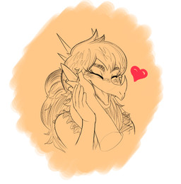 anthro caressing caressing_cheek caressing_face eyes_closed facial_horn female hair hand_on_cheek heart_symbol horn long_hair open_mouth simple_background solo protonmono cavemanon_studios goodbye_volcano_high ko_op_(game_developer) snoot_game rosa_(gvh) aquilops ceratopsian dinosaur marginocephalian ornithischian prehistoric_species reptile scalie thyreophoran bust_portrait monochrome portrait sketch