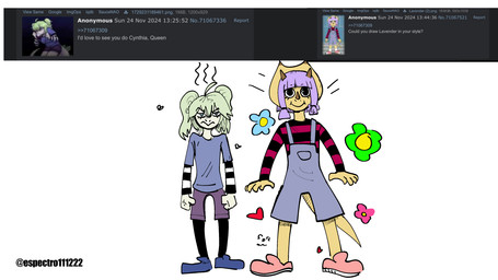 3_horns 5_fingers ahoge anthro black_eyes blue_clothing blue_eyes blue_footwear blue_shoes blue_sneakers bottomwear clothing duo eyelashes facial_horn female fingers footwear frill_(anatomy) front_view green_hair hair horn leggings legwear long_sleeves long_tail multi_horn nose_horn overalls pale_body pale_scales pink_clothing pink_footwear pink_shoes pink_sneakers purple_bottomwear purple_clothing purple_hair purple_shorts scales shoes shorts smelly smile sneakers tail text twintails_(hairstyle) yellow_body yellow_scales espectro111222 4chan cavemanon_studios snoot_game cynthia_(snoot_game) lavender_(snoot_game) ceratopsian ceratopsid chasmosaurine dinosaur marginocephalian ornithischian prehistoric_species reptile scalie stegosaurian stegosaurus thyreophoran triceratops 2025 absurd_res artist_name digital_drawing_(artwork) digital_media_(artwork) english_text hi_res watermark