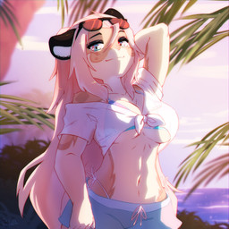 anthro black_eyebrows black_eyelids blonde_hair blue_bikini_top blue_bottomwear blue_clothing blue_eyes blue_shorts bottomwear breasts clothing collarbone ear_piercing eyebrows eyewear eyewear_on_head female fur hair hand_behind_head long_hair looking_at_viewer markings medium_breasts navel orange_markings piercing pink_nose plant pose sea shorts sky smile solo sunglasses sunglasses_on_head tan_body tan_fur thong_straps translucent translucent_clothing translucent_topwear under_boob water wearing_sunglasses vallshad felid feline mammal 1:1 2022 colored colored_sketch digital_drawing_(artwork) digital_media_(artwork) hi_res shaded sketch