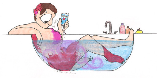 bath bathing bathtub big_breasts breasts female fur gender_transformation hair human_to_anthro mtf_transformation nude partially_submerged pink_body pink_fur pink_hair simple_background solo species_transformation transformation water wet foxx human mammal mustelid otter traditional_media_(artwork)