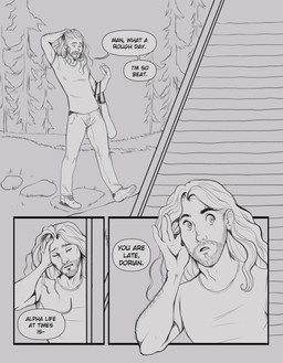 bag beard bottomwear clothing dialogue facial_hair hair human_only male not_furry offscreen_character pants solo speech_bubble text tired walking kaylii dorian_(yaroul) human mammal 2022 comic english_text hi_res