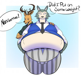 anthro antlers belly belly_expansion belly_poke big_belly black_necktie blue_best brown_body brown_fur clothing collared_shirt dialogue dress_shirt duo expansion eye_scar facial_scar fur green_clothing green_shirt green_topwear grey_body grey_fur hand_on_belly hand_on_shoulder horn looking_at_belly looking_down looking_down_at_self male necktie obese obese_male overweight overweight_male pinstripe_pants scar school_uniform shirt speech_bubble text tight_clothing topwear uniform unzipped unzipped_pants weight_gain white_clothing white_shirt white_topwear zipper terito beastars legoshi_(beastars) louis_(beastars) canid canine canis deer mammal wolf english_text hi_res