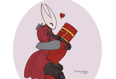 armor belt chainmail cloak clothed clothing duo female fully_clothed hand_around_neck happy headgear heart_symbol helmet holding_partner hug insectophilia jewelry knight lifting_partner male male/female medieval medieval_armor necklace red_cloak red_clothing simple_background standing warrior warjenkins hollow_knight_(franchise) team_cherry hornet_(hollow_knight) animal_humanoid arthropod arthropod_humanoid human humanoid mammal 2025 absurd_res colored digital_drawing_(artwork) digital_media_(artwork) hi_res signature