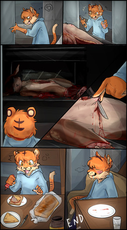 anthro blood bodily_fluids bread breast_grab breasts cannibalism character_prepared_as_food cheese child_murder corpse cutting dairy_products death dismemberment duo eating female female_prey food gore gore_focus hand_on_breast hard_vore knife male male/female male_pred meat predator/prey sandwich_(food) small_breasts vore young young_female young_male young_on_young young_pred young_prey gorebunny bryan_(balmung) deer felid mammal pantherine tiger absurd_res comic hi_res