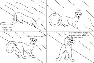 4_panel_comic anus asking_viewer butt dialogue drinking female feral genitals male male/male presenting presenting_hindquarters presenting_to_viewer quadruped raised_tail river solo tail talking_to_male_viewer vulva urbanhermit felid mammal pantherine 1995 black_and_white comic dated line_art monochrome