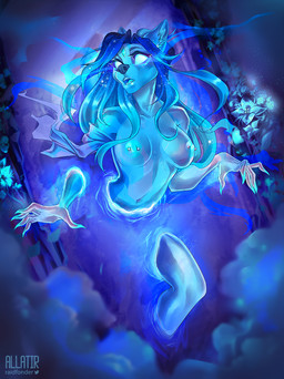 5_fingers anthro areola blue_body blue_fur blue_hair breasts eyebrows eyelashes female female_anthro fingers fur hair navel nipple_piercing nipples nude nude_anthro nude_female open_mouth phasing phasing_through_wall piercing solo allatir canid canine ghost mammal spirit 2020 digital_media_(artwork)