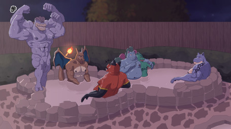 amused annoyed anthro bathing biped bodily_fluids breasts female female_anthro flexing foreskin genitals group hot_spring logo male male_anthro medium_breasts moobs muscular muscular_male night nipples nora_schlafly nude nude_anthro nude_female nude_male outdoor_nudity outside overweight overweight_male penis pokemorph social_nudity sweat tattoo water hunter-husky nintendo pokemon borris_olsson gregory_barlow raymond_davis rob_tyson shane_barker blastoise charizard emboar generation_1_pokemon generation_3_pokemon generation_5_pokemon machamp pokemon_(species) sceptile venusaur 16:9 artist_logo cel_shading digital_drawing_(artwork) digital_media_(artwork) hi_res shaded widescreen