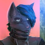 alternative_fashion anthro blue_hair choker cross facial_tattoo hair inverted_cross jewelry male necklace scene_(fashion) solo tattoo brad's_collective domestic_cat felid feline felis humanoid mammal tabby_cat 1:1 hi_res