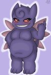 anthro belly black_eyes blush breasts female fur gesture hand_gesture pointing purple_body purple_fur purple_skin red_sclera simple_background slightly_chubby slightly_chubby_female smile solo teeth wings darknetic fakemon nintendo pokemon violet_the_genfable_(darknetic) clefable generation_1_pokemon genfable gengar hybrid pokemon_(species) absurd_res hi_res