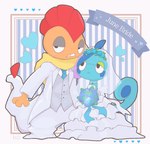 3_fingers accessory anthro blue_body blush clothing dress duo female fingers flower flower_in_hair hair hair_accessory heart_symbol looking_at_viewer male male/female orange_body plant red_hair semi-anthro size_difference suit teeth wedding_dress nanakusa_leo nintendo pokemon drizzile generation_5_pokemon generation_8_pokemon pokemon_(species) scalie scrafty