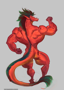 anthro back_muscles butt facial_hair flexing flexing_muscles gesture green_hair hair hand_gesture hand_over_head long_hair male muscular muscular_arms muscular_male narrowed_eyes nude nude_male pose posing_for_picture posing_nude rear_view red_body scar solo text toned_body toned_male toned_muscles toned_thighs purplebirdman american_dragon:_jake_long disney mythology jake_long dragon mythological_creature mythological_scalie scalie 2026 colored colored_sketch detailed digital_drawing_(artwork) digital_media_(artwork) hi_res portrait shaded sketch