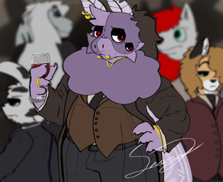 4_eyes anthro classy clock clothing container cup drinking_glass glass glass_container glass_cup gold_(metal) gold_jewelry golden_ring group jewelry male multi_eye purple_body solo watch wine_glass sunny_furr arthropod insect lepidopteran moth hi_res