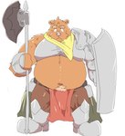 anthro armor belly big_belly bottomwear brown_body clothing kemono loincloth male navel overweight overweight_male shield simple_background solo weapon white_background suishou0602 bear mammal 2024 hi_res