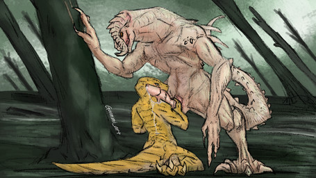 albino animal_genitalia anthro collar fellatio genital_slit genitals male male/male muscular muscular_anthro muscular_male oral penile penis scales sex swamp teasing white_body white_scales gummi_art fallout microsoft johnitan_lambert alligator alligatorid crocodile crocodilian deathclaw reptile scalie 16:9 hi_res widescreen