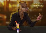 anthro beverage brown_body brown_fur claws clothed clothing dialogue english_text euplerid eyewear felix_(kevintheradioguy) fossa fur glasses kevintheradioguy lgbt_pride male mammal orange_eyes shirt solo tan_body tan_fur teeth text topwear whiskers