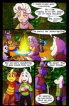 anthro campfire clothed clothing detailed_background dialogue female fire flower hat headgear headwear outside plant sitting speech_bubble standing text tree absolutedream undertale undertale_(series) asriel_dreemurr frisk_(undertale) monster_kid rabbit_shopkeeper whimsun beaver boss_monster_(undertale) bovid caprine human lagomorph lizard mammal monster reptile rodent scalie sheep suid suina sus_(pig) wild_boar absurd_res comic english_text hi_res