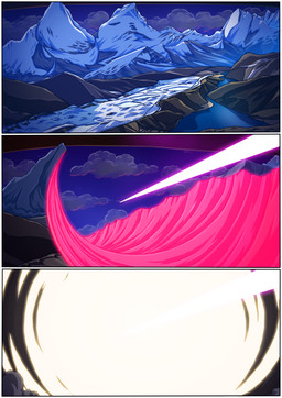 destruction explosion laser night river rock sky snow snowy_mountain water zero_pictured kitfox-crimson in_our_shadow 2026 absurd_res colored comic hi_res