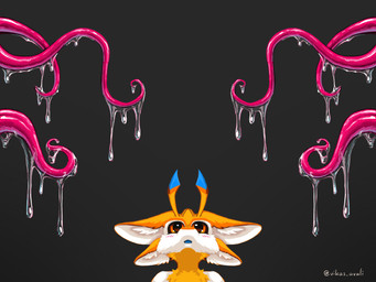 anthro dripping fur goo_drip looking_up male open_mouth pink_tentacles simple_background slime solo tentacles white_body white_fur yellow_body yellow_fur vikas vikas_avali avali hi_res