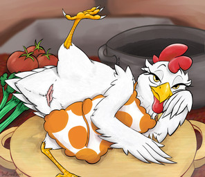 4_toes animal_genitalia anisodactyl apron apron_only avian_butt avian_feet beak bedroom_eyes celery cloaca clothed clothed_feral clothing feathers feet female feral food fruit genitals kitchen lying narrowed_eyes on_side plant presenting presenting_cloaca raised_leg seductive solo spread_legs spreading tail tail_feathers toes tomato vegetable urefunest ajinomoto dona_gusta la_gallina_de_dona_gusta avian bird chicken galliform phasianid hi_res signature