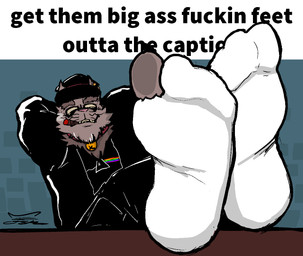 anthro beard bell bell_collar black_claws black_clothing bottomwear caption cargo_pants cigar cigar_in_mouth cigar_smoke claws clothing collar dirty dirty_feet ear_piercing eyebrows eyewear facial_hair feet foot_fetish foot_focus foot_on_table footwear fur furniture grey_body grey_fur grin hands_behind_head hat headgear headwear jacket leather leather_clothing leather_hat leather_headgear leather_headwear leather_jacket leather_topwear legs_up male object_in_mouth pants piercing presenting profanity relaxing simple_background sitting smile smoke socks solo sunglasses table text thick_eyebrows toe_claws topwear catskatematch pink_floyd uncle_liam_(catskatematch) domestic_cat felid feline felis maine_coon mammal english_text meme