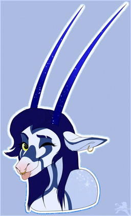 ambiguous_gender anthro blinking blue_hair ear_piercing ear_ring eyebrows eyelashes facial_markings facial_piercing green_eyes hair head_markings horn looking_at_viewer markings multicolored_body nose_piercing nose_ring piercing ring_piercing simple_background solo tongue tongue_out two_tone_body fluffymare andromeda_(the_okapis_tongue) giraffid mammal okapi 2023 bust_portrait digital_media_(artwork) hi_res portrait