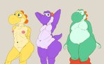 anthro femboy grey_background group male moobs navel nipples overweight puffy_nipples simple_background slightly_chubby thick_thighs trio wide_hips likasomboody mario_bros nintendo green_yoshi purple_yoshi yellow_yoshi yoshi hi_res