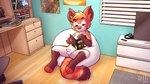 anthro balls bean_bag biped book casual_erection casual_nudity erection eyebrows fingers foreskin fur genitals half-erect humanoid_genitalia humanoid_penis male penis reading shota solo tail young young_anthro young_male iztli vanen ailurid mammal red_panda 2024 hi_res