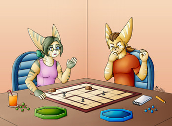 accessory anthro beverage board_game bow_ribbon brown_hair clothing coaster dice duo explanation eyewear female fist fur glasses green_body green_fur green_hair hair hair_accessory hair_bow hair_ribbon heterochromia juice_(beverage) male note_pad orange_clothing orange_juice orange_shirt orange_topwear pencil_(object) raised_hand ribbons shirt tan_body tan_fur thinking topwear treasure_chest wearing_glasses lumidoodles dungeons_and_dragons hasbro ratchet_and_clank sony_corporation sony_interactive_entertainment wizards_of_the_coast jake_gardiner-turner peridot_gardiner-turner lombax mammal hi_res