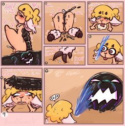 abdominal_bulge anthro big_penis blonde_hair blush bodily_fluids cum cum_drip cum_inflation cum_inside dripping drooling ejaculation femboy fingers forced genital_fluids genitals group hair hooved_fingers hooves horn inflation lying male moan penis restrained saliva scared shaking shivering size_difference small_penis tongue tongue_out water bean0tastic slime_rancher beanie_(bean0tastic) bovid caprine goo_creature mammal sheep slime_(slime_rancher) tarr_slime absurd_res comic hi_res