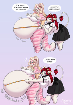 anthro belly belly_expansion big_belly big_breasts big_butt black_bottomwear black_clothing black_skirt blonde_hair blue_eyes bottomwear bra breasts butt clothed clothing dialogue duo expansion eyebrows eyelashes female fingers fur glistening glistening_eyes grin hair horn huge_belly huge_breasts huge_butt hyper hyper_belly hyper_pregnancy leaning leaning_forward long_hair markings navel open_mouth panties pink_body pink_fur ponytail pregnant pregnant_anthro pregnant_female rapid_pregnancy red_hair side_view skirt smile speech_bubble standing striped_body striped_fur striped_markings striped_tail stripes tail tail_markings tape_measure teeth text tongue topwear underwear white_body white_clothing white_fur white_panties white_topwear white_underwear tiggybloom marzipan_(tiggybloom) bovid bovine cattle felid mammal pantherine tiger 2025 artist_name dated english_text hi_res
