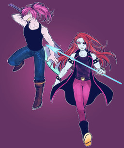 alternate_costume anthro axe blue_body blue_skin bracelet clothed clothing clothing_swap duo eye_patch eyewear female hair jewelry long_hair melee_weapon polearm ponytail purple_background red_hair sharp_teeth simple_background smile spear spiked_bracelet spikes teeth weapon whan wjanorz_(artist) deltarune undertale undertale_(series) susie_(deltarune) undyne aquatic fish mammal reptile scalie 2018 digital_media_(artwork) hi_res