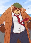 anthro bottomwear brown_body brown_fur cigarette clothing coat detective fur hat headgear headwear humanoid_hands kemono male necktie outside overweight overweight_anthro overweight_male pants shirt smoke smoking solo topwear trenchcoat ryuta-h canid canine mammal raccoon_dog tanuki 2018 hi_res