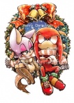 anthro blush clothed clothing duo female holidays male scarf simple_background text urahyu christmas sega sonic_the_hedgehog_(series) knuckles_the_echidna rouge_the_bat bat echidna mammal monotreme watermark