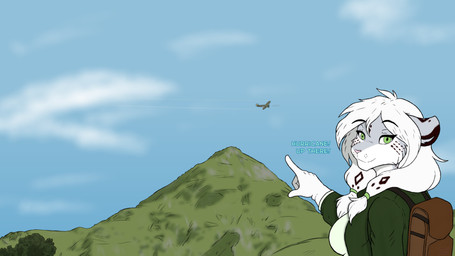 accessory aircraft airplane anthro backpack clothing cloud contrail dialogue female fur gesture green_eyes hair hair_accessory hand_gesture happy hiking jacket mountain onomatopoeia pink_nose plant pointing shadow shirt sky solo sound_effects spots text topwear tree vehicle whisker_spots white_body white_fur white_hair jordanos21 hawker_hurricane royal_air_force twokinds amelia_(twokinds) felid mammal pantherine snow_leopard 16:9 4k absurd_res english_text hi_res widescreen