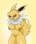 anthro anthrofied areola big_breasts breasts female fur genitals hand_behind_head long_ears neck_tuft nipples pokemorph pussy solo tuft yellow_areola yellow_body yellow_fur yellow_nipples poraka7 nintendo pokemon eeveelution generation_1_pokemon jolteon pokemon_(species)