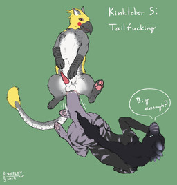 all_fours anal anal_penetration anthro anthro_on_feral beak bestiality blue_eyes duo erection feral fur genitals green_background grey_beak grey_body grey_fur grey_tail head_feathers head_tuft knot lying male male/male male_anthro male_feral nude on_back open_mouth orange_eyes pawpads penetration penis pink_pawpads profanity red_penis sex simple_background tail tail_fetish tail_in_ass tail_insertion tail_play tail_sex tail_tuft text tuft white_body white_fur sketchy_shelby avian dinosaur dromaeosaurid felid hybrid mammal prehistoric_species reptile saurischian scalie theropod 2025 dated english_text hi_res signature