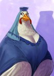 anthro avian_caruncle beak big_breasts blue_clothing blue_dress blue_eyes blue_headdress blue_headwear breasts cleavage clothed clothing dewlap_(anatomy) dress eyebrows eyelashes feathers female headgear headwear looking_away mature_female medieval_clothing overweight overweight_female raised_eyebrow shadow simple_background smile smirk solo standing wattle white_body white_feathers winged_arms wings yellow_beak dyna_soar disney robin_hood_(disney) lady_kluck avian bird chicken galliform gallus_(genus) phasianid 2019 absurd_res digital_media_(artwork) hi_res portrait three-quarter_portrait