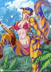 abs anthro bikini blue_body blue_eyes breasts clothing collarbone exposure_variation female glistening glistening_body grass hand_on_leg hand_on_thigh membrane_(anatomy) membranous_wings nipple_outline open_mouth outside pink_bikini pink_clothing pink_swimwear plant pupils sharp_teeth sitting slit_pupils solo striped_body stripes swimwear tail tan_body teeth tree two-piece_swimsuit wings yellow_body alanscampos capcom monster_hunter flying_wyvern tigrex 2023 hi_res